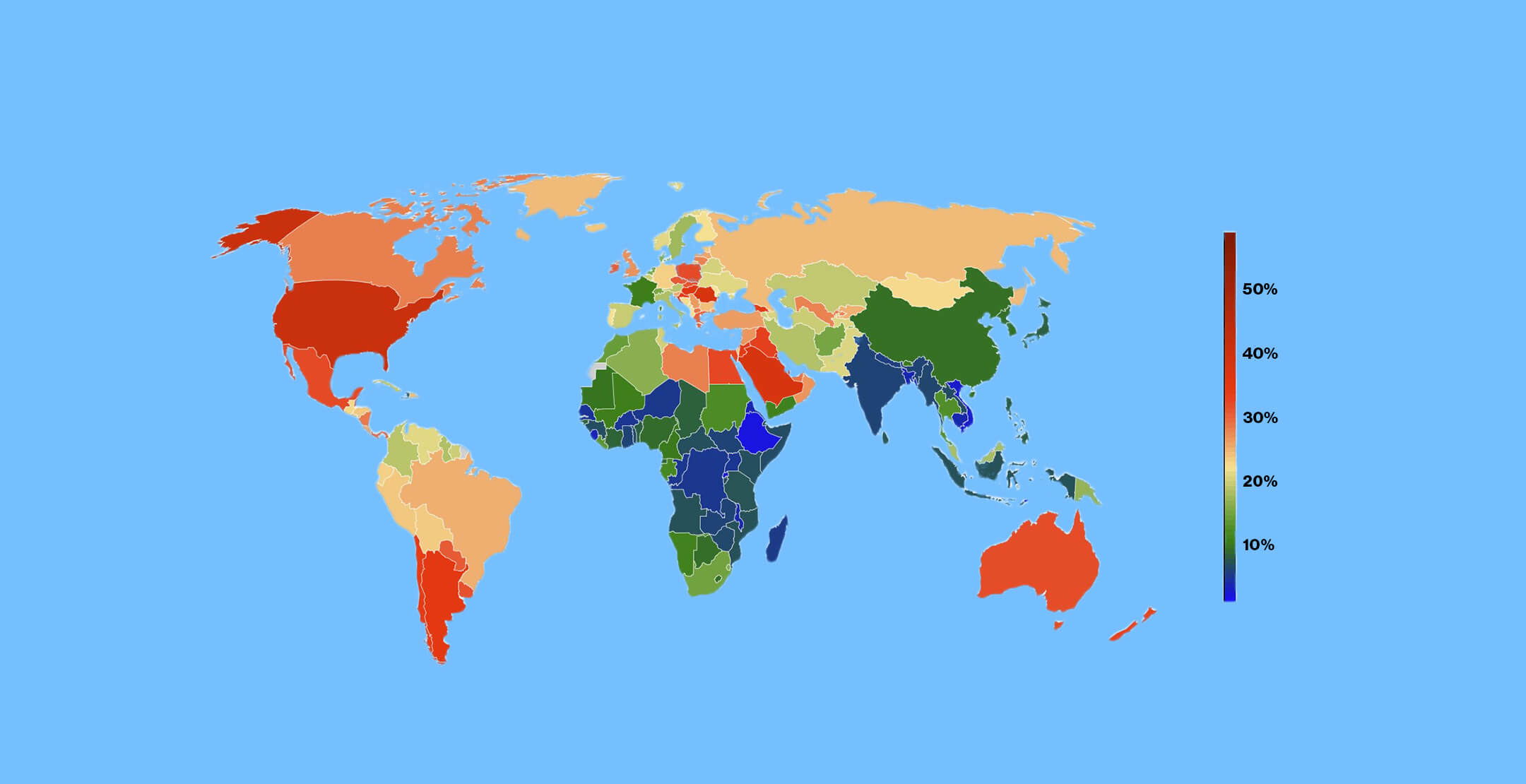 World Map color coded to show obesity averages per country