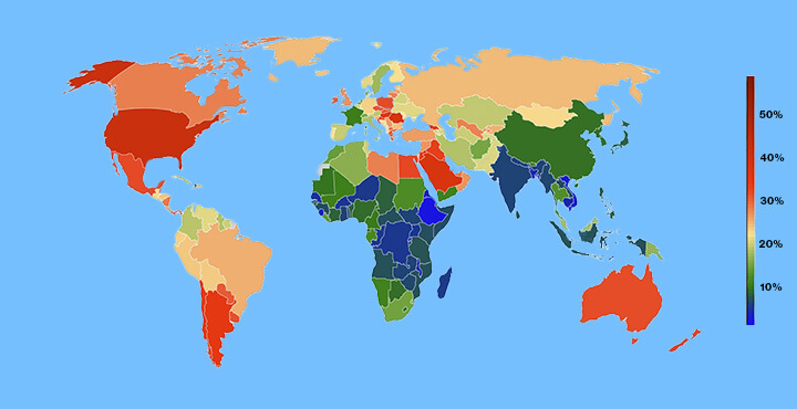 Color-coded world map indicating rates of obesity by country