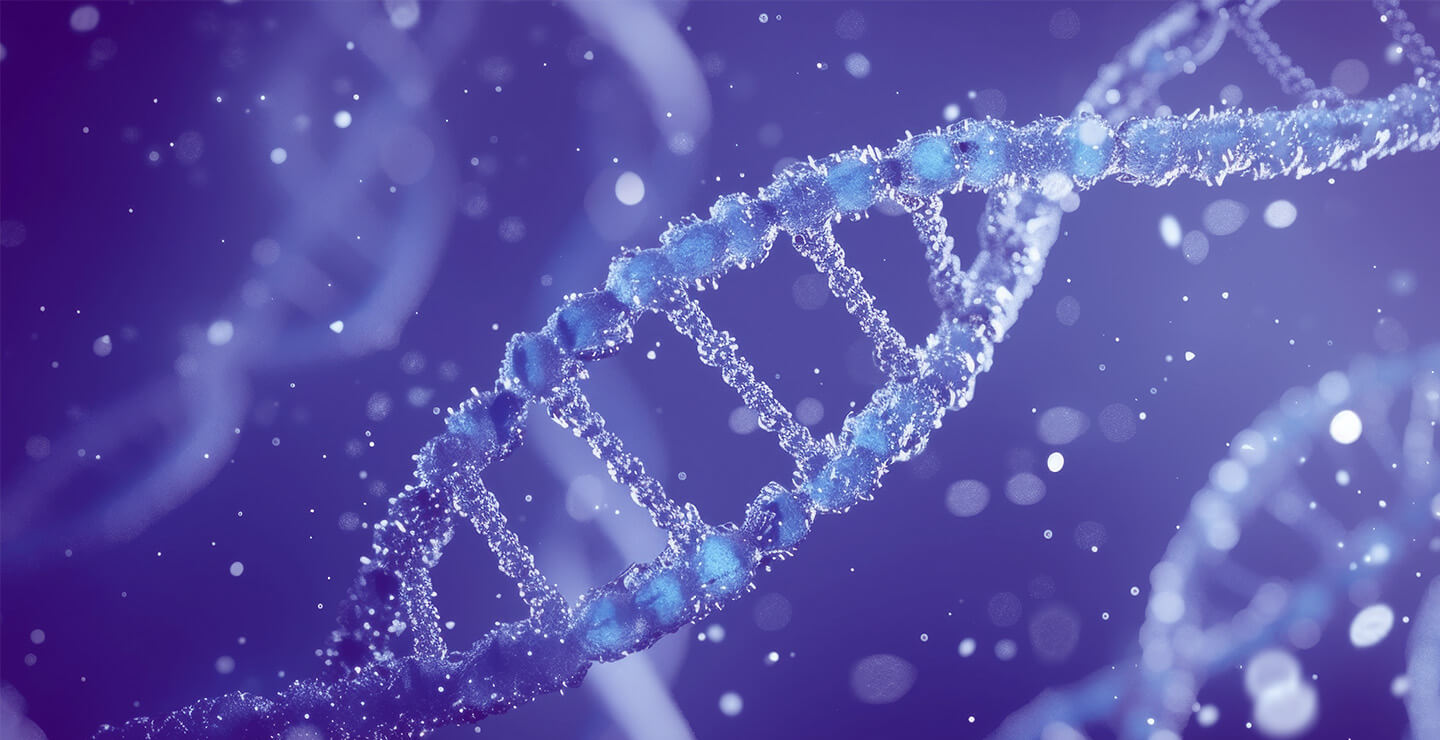 Artistic image of DNA double helix, set against a purple background