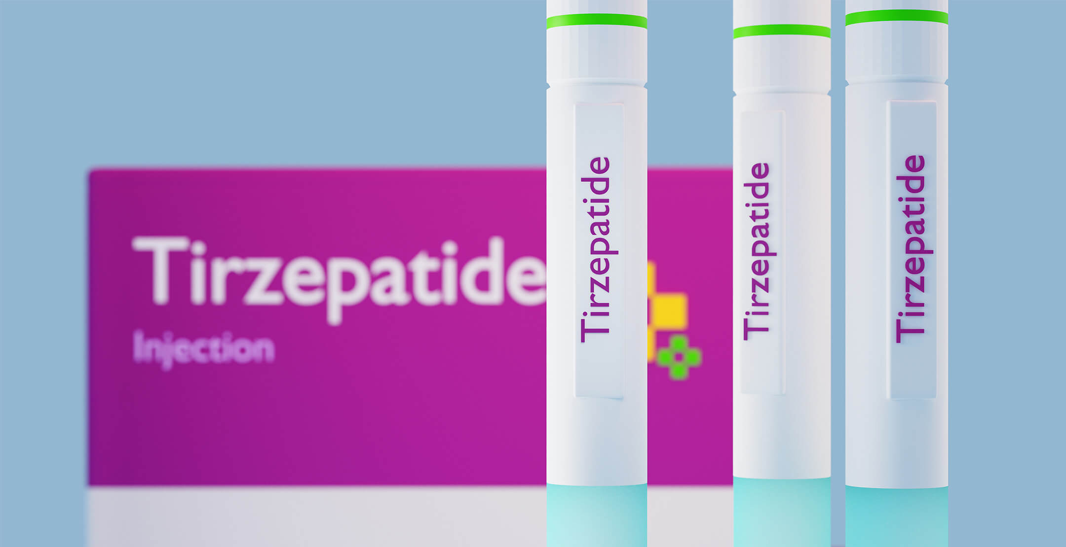 Tirzepatide injector pens in front of a Tirzepatide box