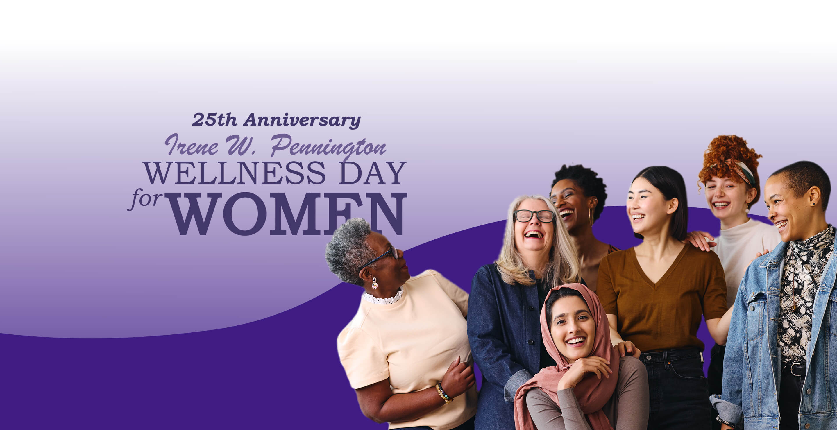 A stylized purple banner with five women socializing and the words "Wellness Day for Women"