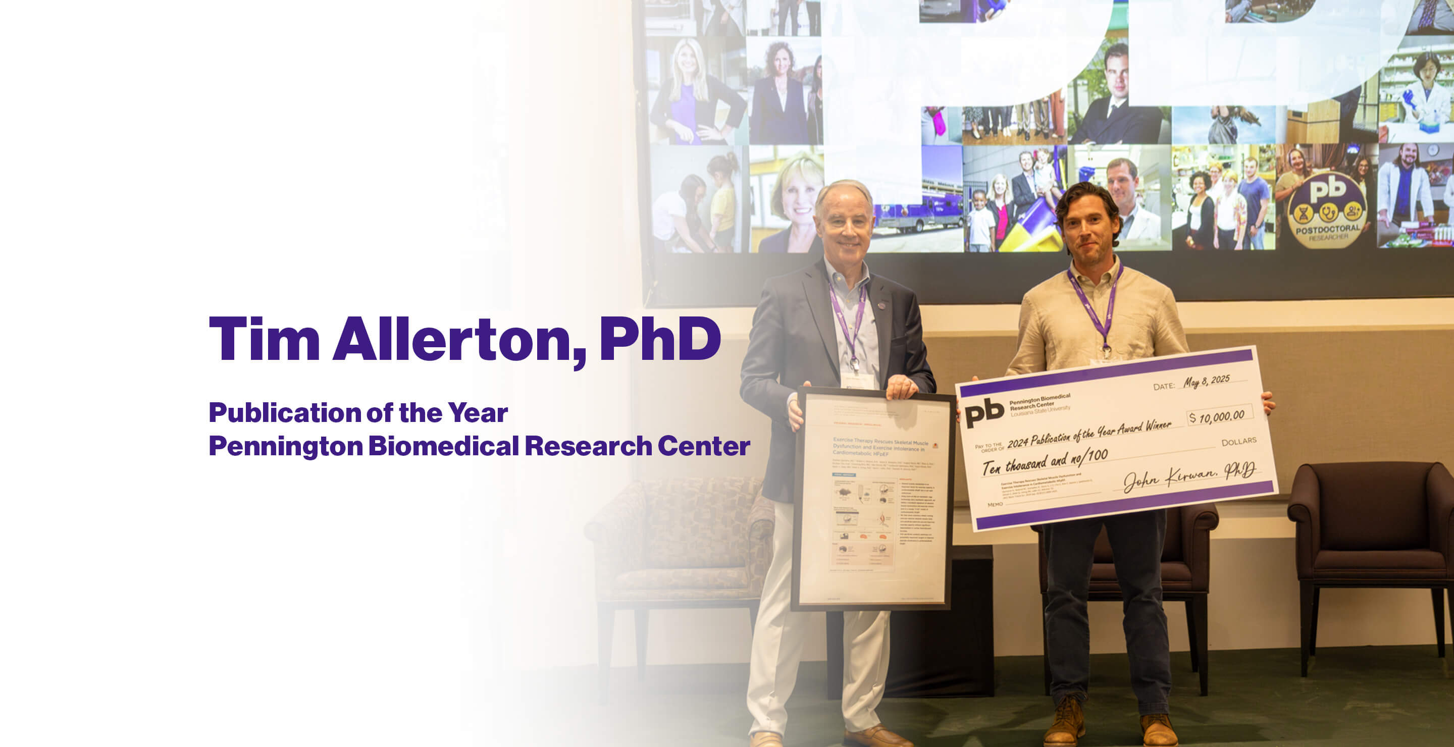 Pennington Biomedical Executive Director John Kirwan handing Dr. Timothy Allerton a Publication of the Year Award Check