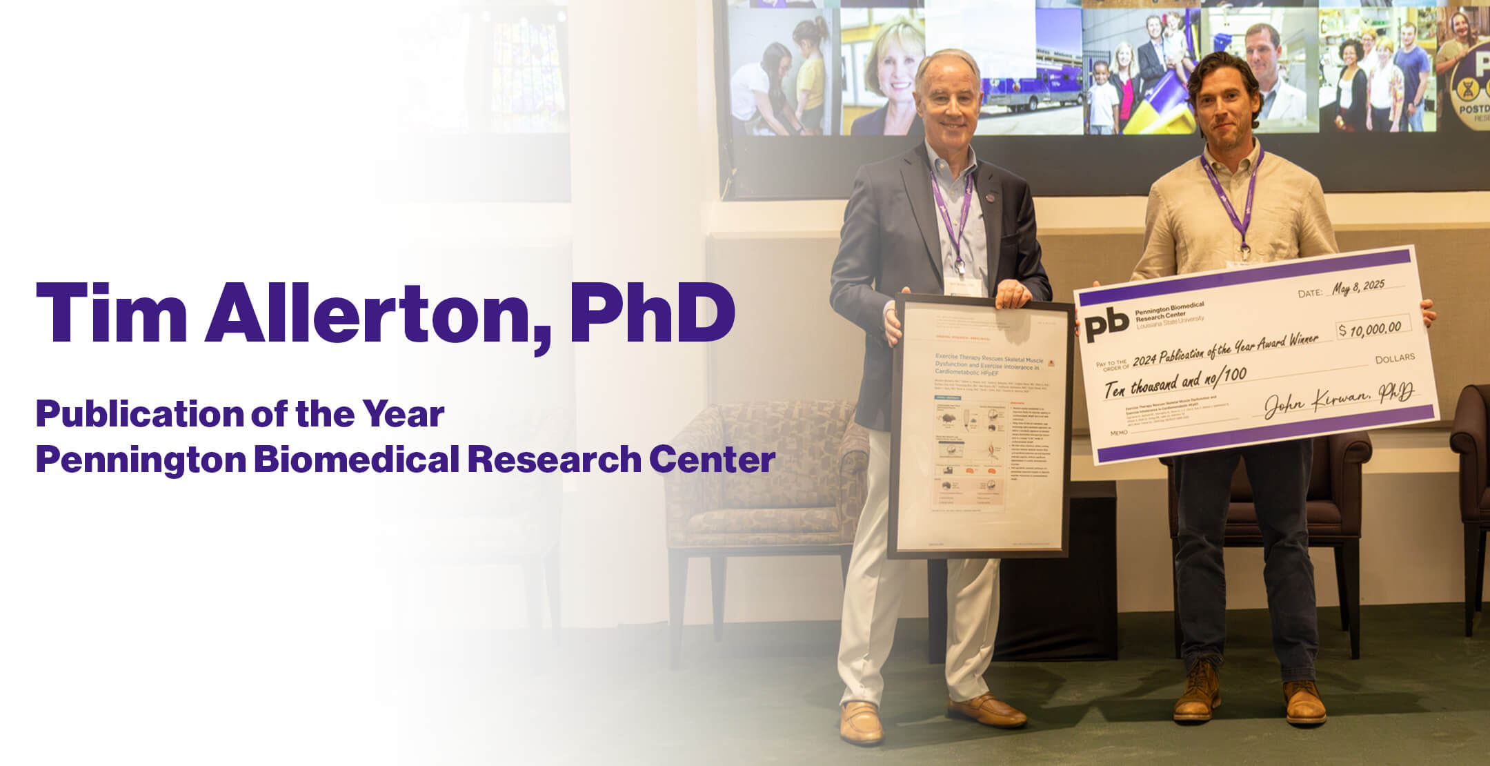 Pennington Biomedical Executive Director John Kirwan handing Dr. Timothy Allerton a Publication of the Year Award Check