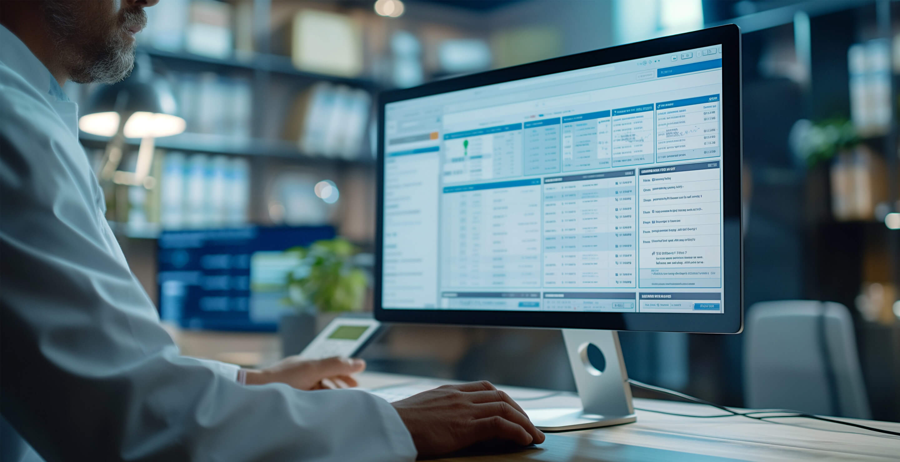 a medical researcher sitting and facing a computer monitor that has a generic depiction of medical records