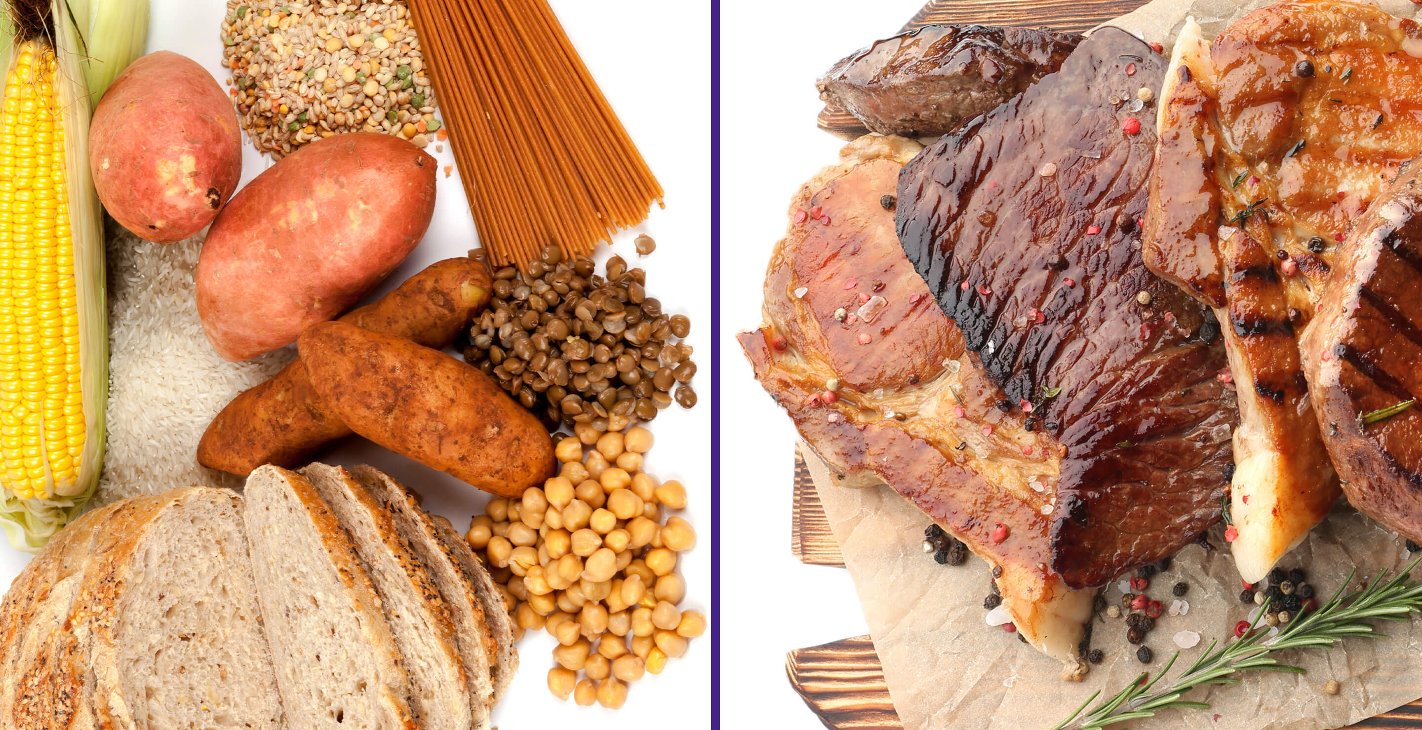 A split screen image with beans and starches in the left panel, and hearty meats and proteins in the right panel