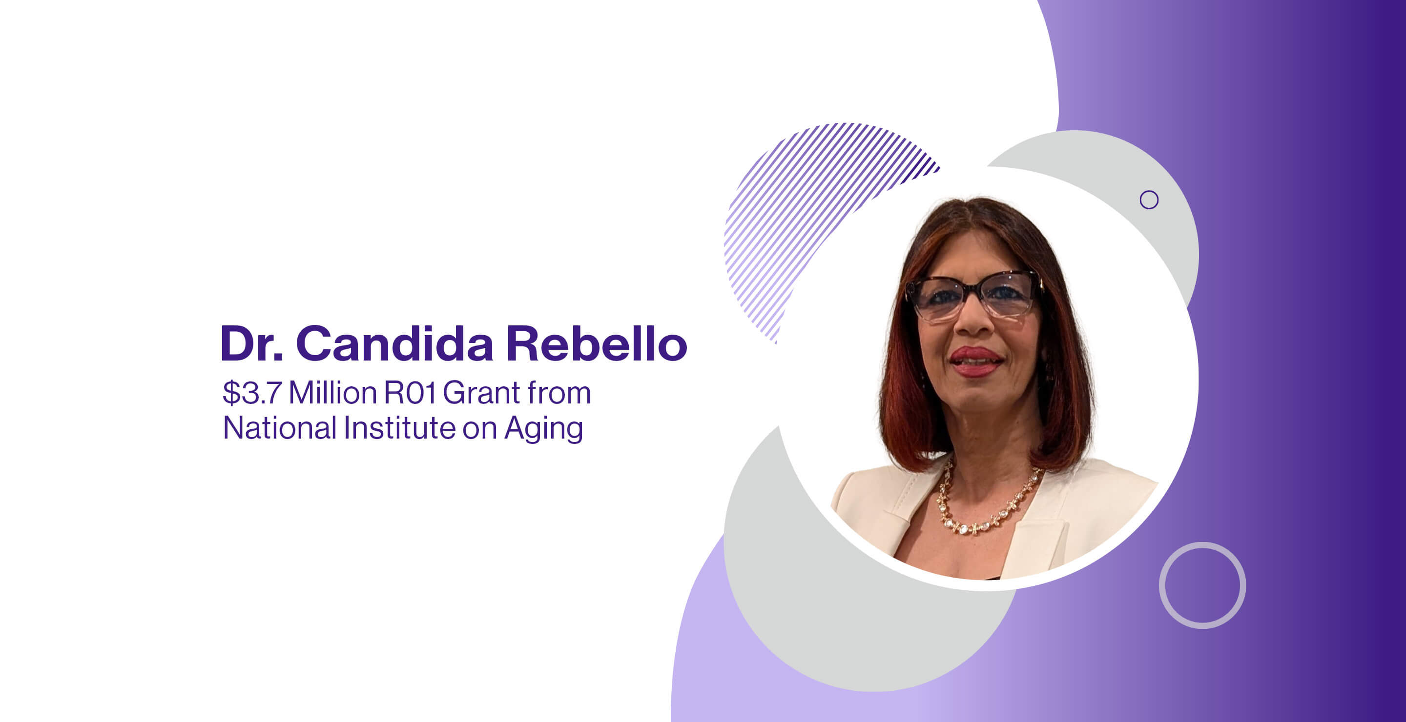 Headshot of Dr. Candida Rebello and the words "Dr. Candida Rebello. $3.7 Million R01 Grant from National Institute on Aging"